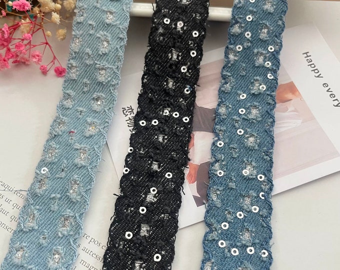 Denim Sequin Trim, Costume Embellishment, Sold by 1 Yard