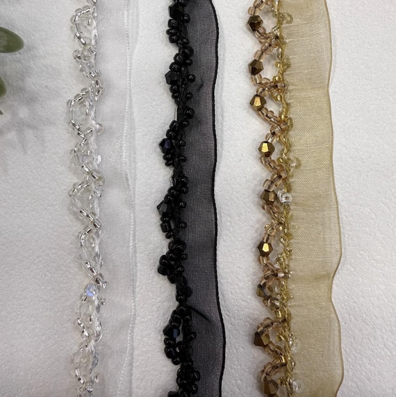 Ribbon Beaded lace trim, decor trimming for costume design sewing bridal trim headwear dress coat cuff collar bag home deco Sold by 1 yard