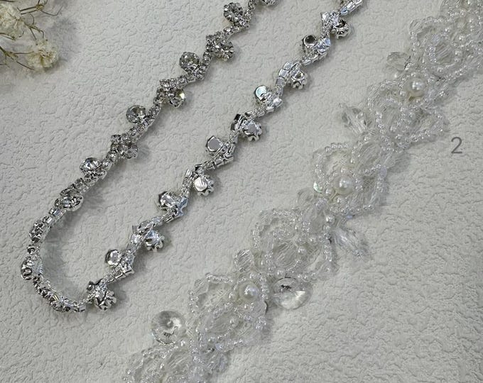 Rhinestone Beaded Trim, Bridal Dress Embellishment - Sold by 1 Yard
