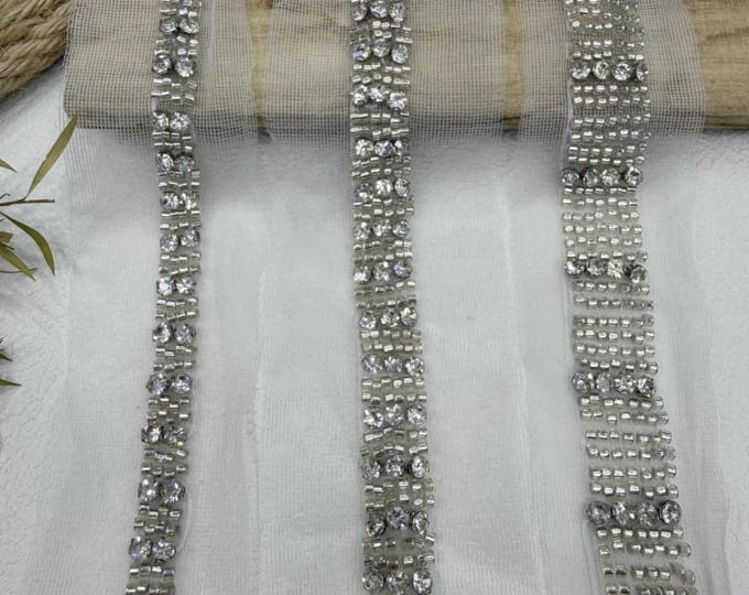 Beaded Rhinestone Lace Trim, Costume Design Embellishment, Sold by 1 Yard