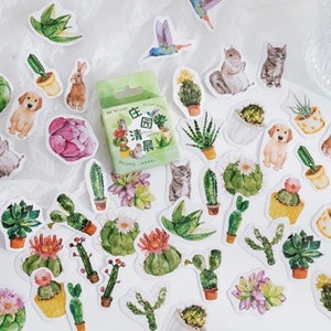 46pcs Cactus Adesivos Pacote Cachorro Gato Plantas Scrapbooking Natureza Diário Planejador Decoração Deco Adesivo