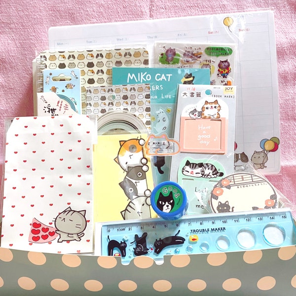 Cat Gift Set for Cat Lovers Cute Stationery Set Cat Planner 2024 Journaling Stickers Pack Christmas Kids Kawaii Birthday Scrapbooking