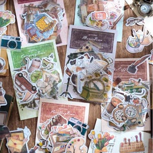 Lot de 50 autocollants amusants pour instruments de musique, meubles, café, thé, dessin, camping, lecture, journalisation, scrapbooking, planificateur, décor