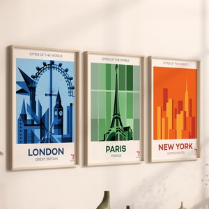Set of 3 New York London Paris Wall Art | Wall Decor | Travel Gift | Office Decor | Geometric | Vintage | City Prints | Digital Download