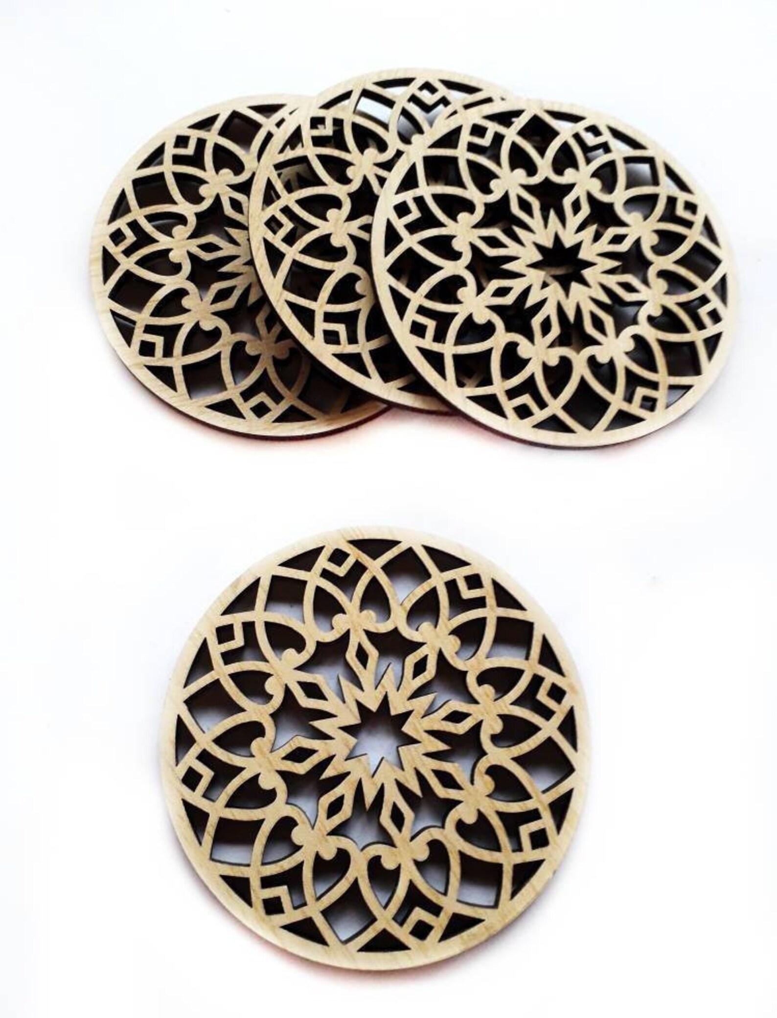 Laser Cut Coasters Made of Recycled Laminated MDF With a Mandala Motif