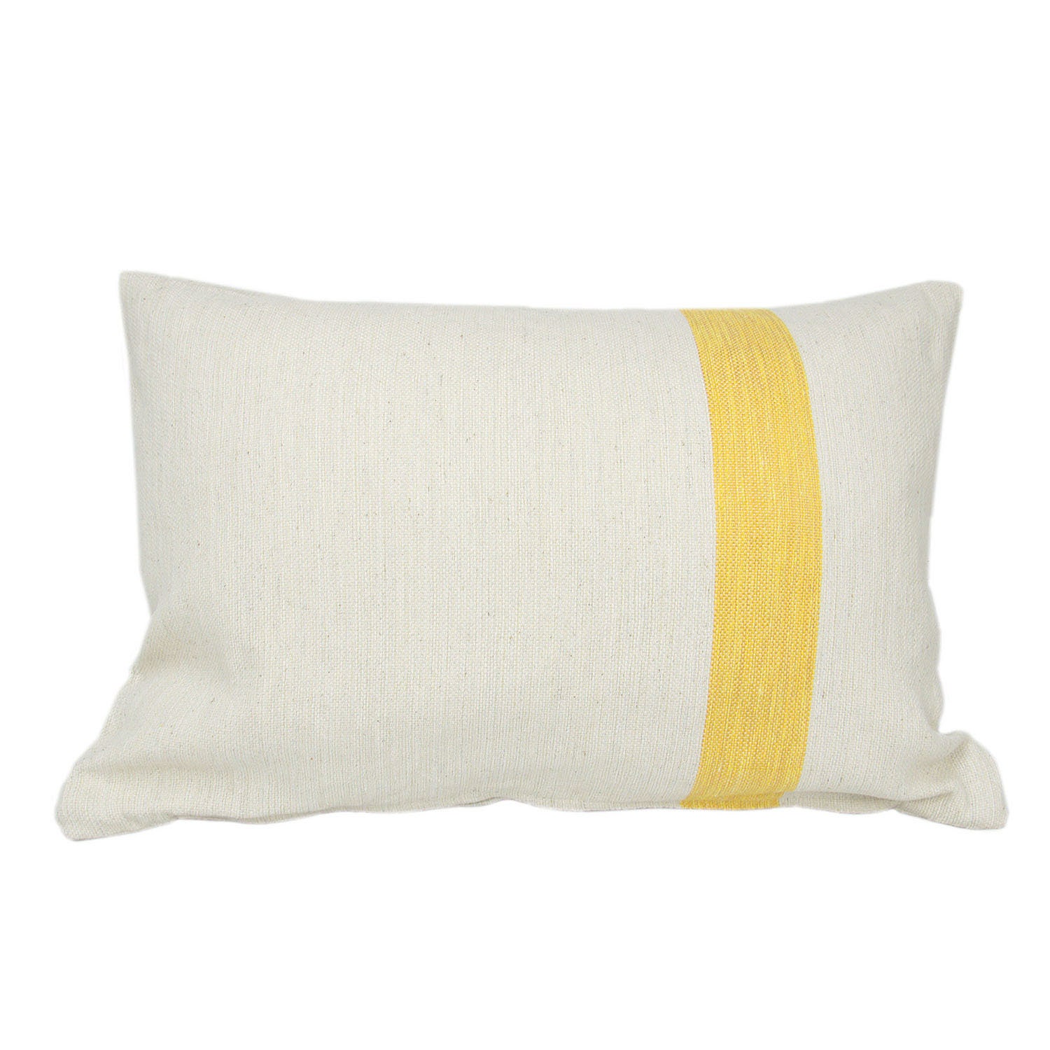 Coussin Blanc Écru Bande Jaune Safran, 60x40cm, Coton Tissé à La Main, 100% Naturel, Déhoussable, Ra