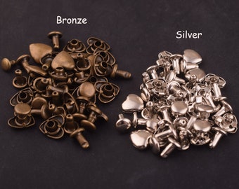 50 pcs Bronze/silver Rivets 8*8 mm Heart-shape Rivet Metal Button Double Capped Rivets Double Head Purse Notions Rivet Studs for Bag/ strap