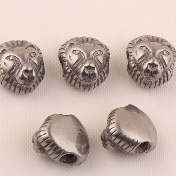 10mm Bulk Lion Heads Beads,304 Stainless Steel Lion Bead,Silver Tone Animal Beads Fit Leather Bracelet Hole:2mm Loose tube Bead for necklace