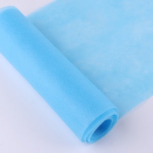 May include: A roll of light blue non-woven fabric. The fabric is rolled up and the end is visible.