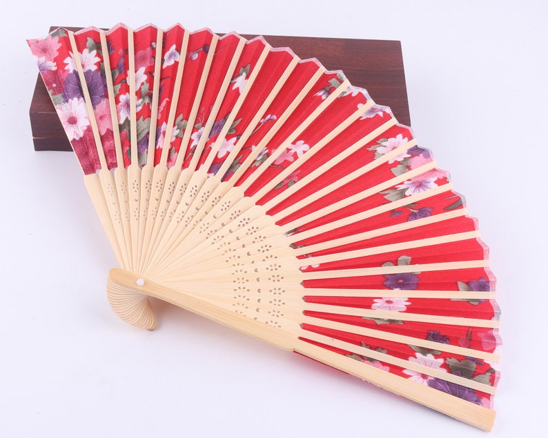 Red Flower Hand Fansfans Silk Fans Folding Fanshandheld Etsy
