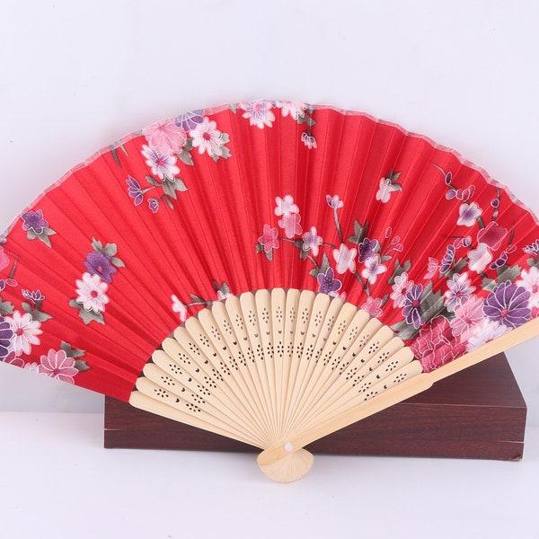 Red Flower Hand Fans,Fans Silk Fans Folding Fans,Handheld Folding,Wedding Silk Fans,Hand Fan Favors,Chinese Folding Fans for Wedding,Gift