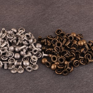May include: A close-up of two piles of metal rivets. One pile is silver and the other is bronze.