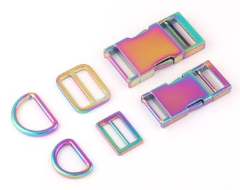 20/25mm rainbow metal Release slide Strap Buckle,d ring Dog Collar Hardware adjuster Backpack buckles webbing leather hardware supplies
