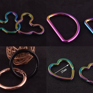 Rainbow 1&quot;1/2&quot;inch Mouse and  heart Key Rings rainbow D Rings D Ring belt buckles and Spring gate ring Rose Gold and black o-rings