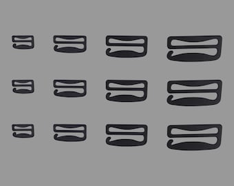 May include: A set of ten black plastic bra strap adjusters in various sizes. The adjusters are designed to be used with bra straps to adjust the length of the straps.