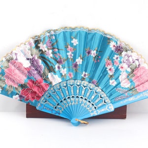 Blue Hand Fans,Silk Fans Party favor Floral Flower fans Folding Fans,Hand Fan Favors,Chinese Folding Fans,Blossom Silk Fan,diy Wedding Fan
