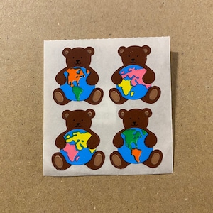 Stickers vintage ours en peluche Sandylion kromekote avec globe terrestre