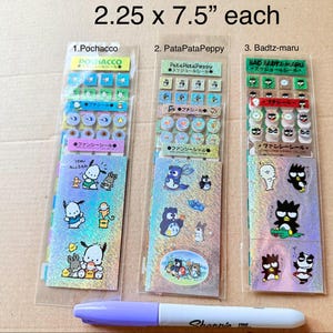 May include: Three clear plastic sleeves containing Sanrio character sticker sheets, each measuring 5.72 x 19.05 cm. The sheets feature Pochacco, PataPataPeppy, and Badtz-maru designs with small square and circular stickers above larger holographic character illustrations.