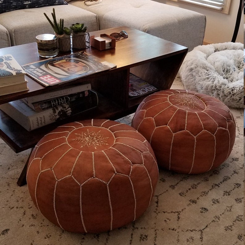 Tan Moroccan leather pouf Real Genuine leather ottoman footstool boho