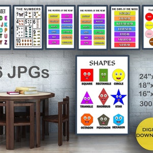 Paquete de carteles de aprendizaje educativo: alfabeto, números, colores, días, meses, formas. -ARCHIVO DIGITAL-
