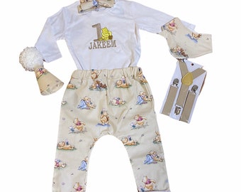 Handmade Personalised Winnie the Pooh 1st Birthday Cake Smash Long Sleeve Outfit Winter