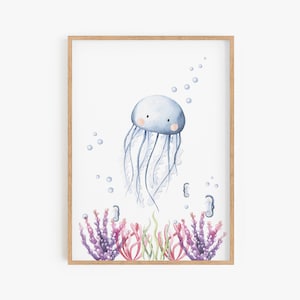 Qualle Kinderbild für Kinderzimmer Dekoration Babyzimmer | kindgerechtes Poster Geschenk Wandbild  Meerestier | DIN A4 - ohne Rahmen