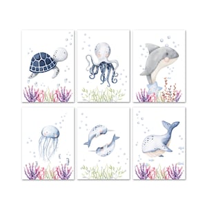 6er Set Kinderbilder Meerestiere Poster für Kinderzimmer Dekoration Wandbild Wal Bild für Mädchen und Jungen | A4 |  Geschenk für Mamas