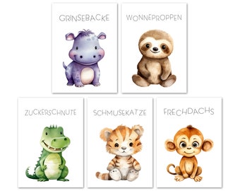 5er Set Kinderbilder Tierbabys,  | Poster, Tierbilder für Kinder Babys | Wandbilder Junge Mädchen | Deko für Kinderzimmer & Babyzimmer | A4