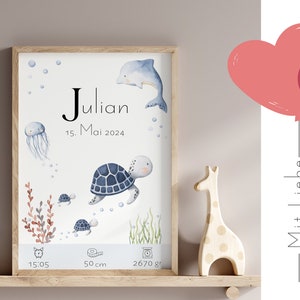 Personalisierte Geburtstafel Meerestiere | Kinderbild mit Geburtsdaten für Kinderzimmer Babyzimmer | Geschenk zur Geburt für Baby | DIN A4