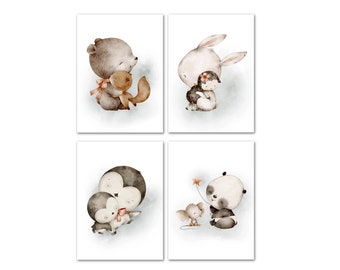 4er Set Kinderbilder | Poster, Tierbilder für Kinder Babys | Wandbilder Junge Mädchen | Deko für Kinderzimmer & Babyzimmer | A4 - Calmondo