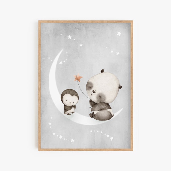 Kinderbild Panda und Pinguin | kindgerechte Poster | Kinder & Babys, Wandbild, Aquarell-Look Kinderzimmer, DIN A4, ohne Rahmen | Calmondo