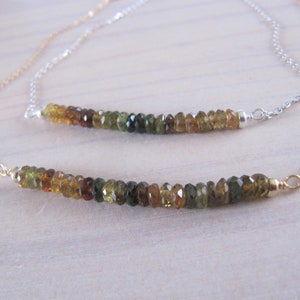 Multi-color tourmaline bar necklace, tourmaline necklace, gemstone necklace in 925 silver or 14K gold filled, October birthstones.