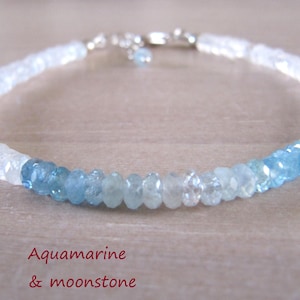 Aquamarine with moonstone bracelet , bleu and white aquamarine and moonstone bracelet, March and June birthstone.