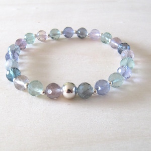 Multi-color fluorite bracelet, pastel color gemstone bracelet in 925 silver.