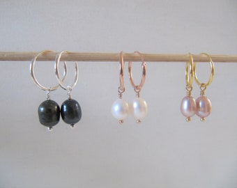 Pearl hoop earrings, sterling silver or gold vermeil hoop earrings with freshwater pearl, black pearl earrings, pink pearl or white pearl