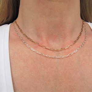 Paperclip necklace, 14K gold filled or sterling silver box chain choker necklace, layering gold necklace