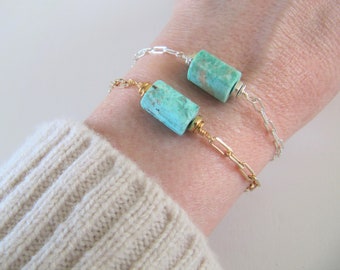 Turquoise 14K paperclip bracelet in 14K gold filled or sterling silver, Turquoise bracelet, December birthstone
