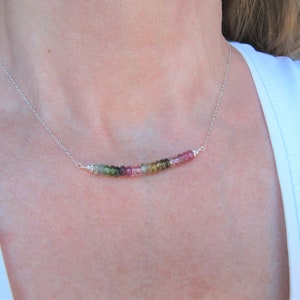Multi-color tourmaline bar necklace, tourmaline choker necklace, gemstone necklace in 925 silver or 14K gold filled, October birthstones.