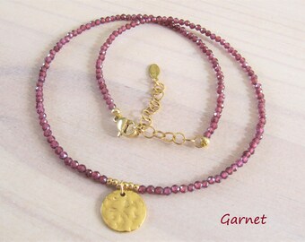 Garnet coin necklace, red garnet choker necklace stainless steel pendant, January birthstone