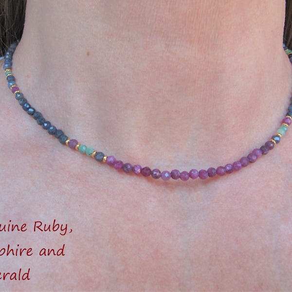 Real ruby, sapphire & emerald necklace, rough stone choker necklace, colorful gemstone necklace, gift for her.