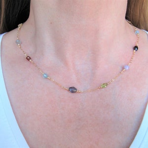 Colorful gemstone necklace in 14K gold filled or sterling silver, necklace with multiple facetted gemstones.