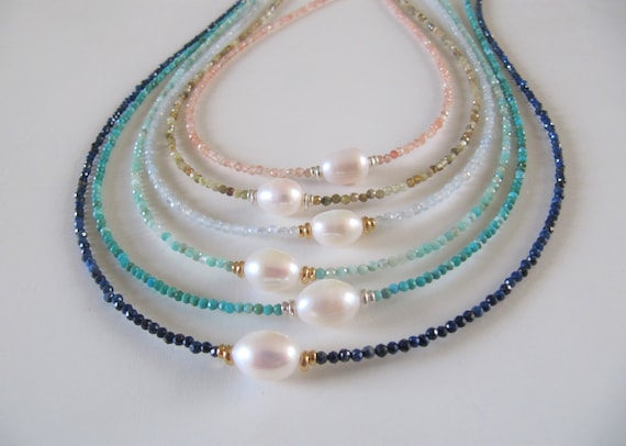 Gemstone necklace with freshwater pearl, gemstone choker pearl necklace, gift for her.
