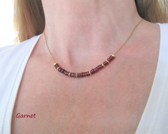 Red garnet necklace, heishi shape garnet choker necklace, in sterling silver or 14K gold filled, garnet january birthstone necklace.