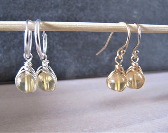 Citrine earrings, citrine hoop earrings, sterling silver and 14K goldfilled citrine earrings, November birthstone.