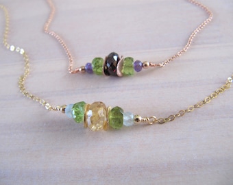 Edelstein Halskette mit Amethyst, Peridot, Granat oder Aquamarin, Peridot und Zitronentopas.