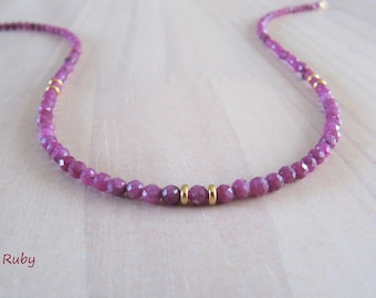 Ruby necklace. Genuine ruby beaded choker necklace, July birthstone.
