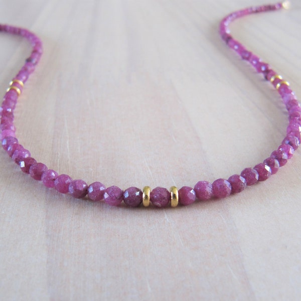 Ruby necklace. Genuine ruby beaded choker necklace, July birthstone.