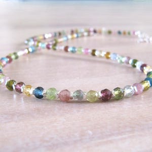 Multi-color tourmaline necklace in sterling silver, colorful tourmaline choker, October birthstones.