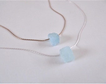 Aquamarine raw stone necklace in sterling silver or 14K gold filled