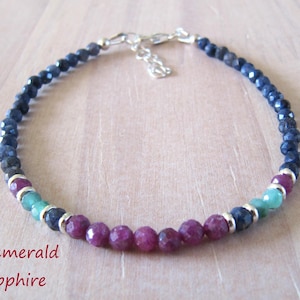 Real ruby, sapphire & emerald bracelet, colorful gemstone bracelet in gold or silver.